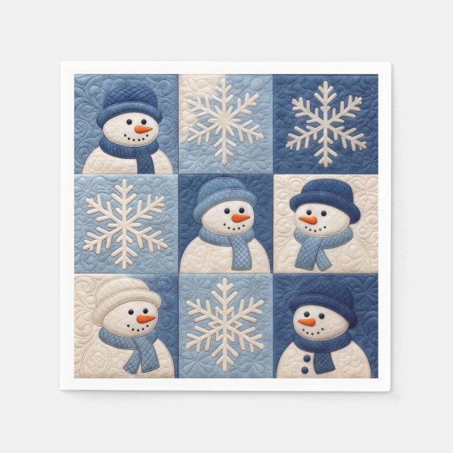 Serviette En Papier Motif de patchwork Bonhommes de neige et Flocons (Devant)