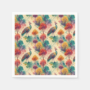Serviette En Papier Motif de peinture de forêt de paon à l'aquarelle v