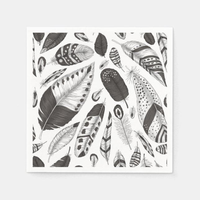 Serviette En Papier Motif de plumes noir et blanc (Devant)