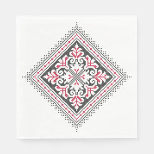 Serviette En Papier Motif de point de croix. Décor ethnique rouge et n