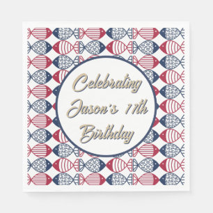 Serviette En Papier Motif de poisson moderne rouge, bleu et blanc de l
