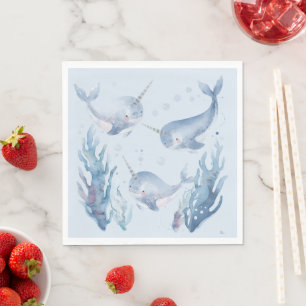 Serviette En Papier Motif de poisson narval mignon aquarelle sous la m
