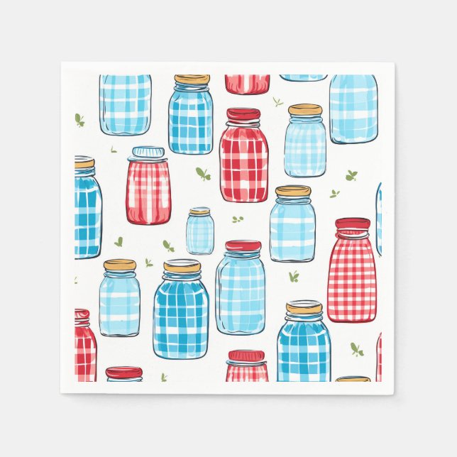 Serviette En Papier Motif de pot Mason à carreaux rouges et bleus (Devant)