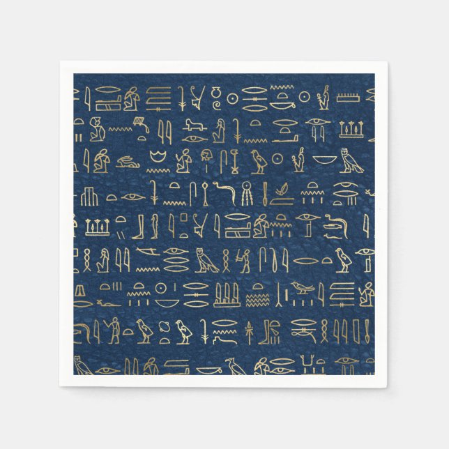Serviette En Papier Motif des hiéroglyphes d'Égypte or et bleu (Devant)