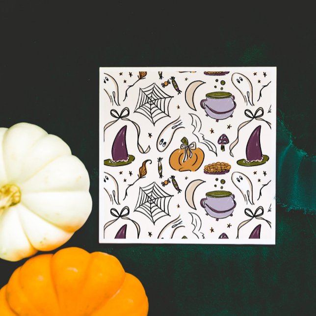 Serviette En Papier Motif d'illustrations d'Halloween (Our Little Boo is Almost Due Halloween Illustrations Baby Shower Napkins)