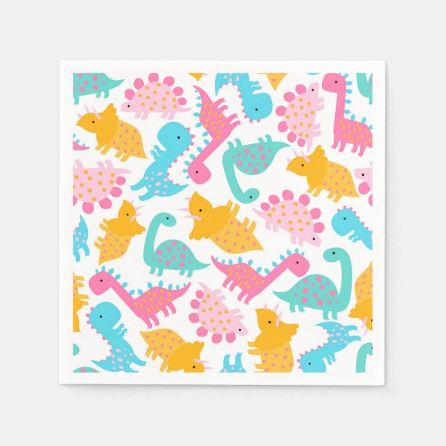 Serviette En Papier Motif Dinosaur rose et Turquoise (Devant)