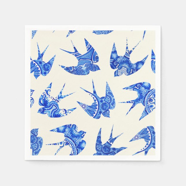 Serviette En Papier Motif d'oiseaux avirés bleu aquarelle (Devant)