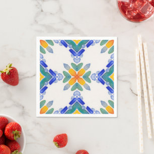 Serviette En Papier Motif en mosaïque blanche orange bleu vert