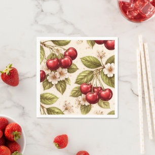 Serviette En Papier Motif Fleur de Cerisier Vintage Cerises Rouges