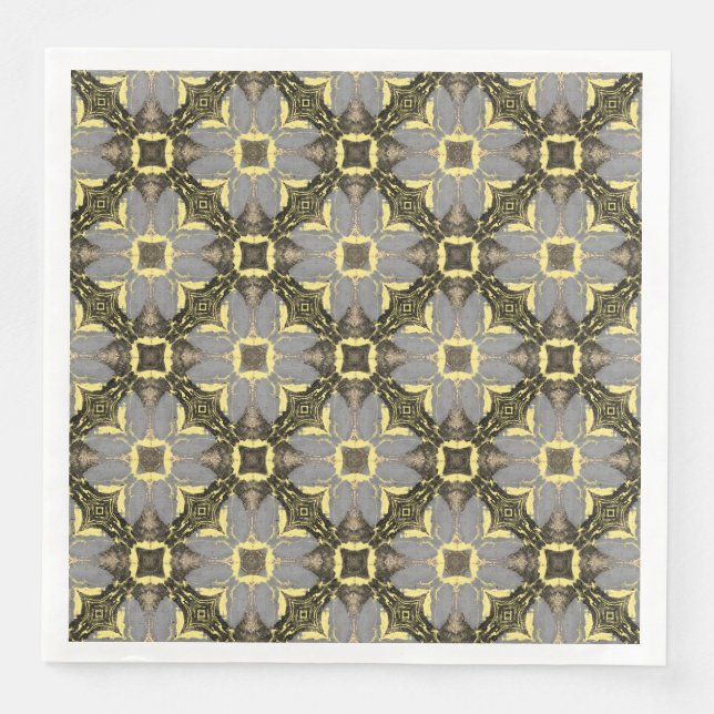 Serviette En Papier Motif Fleurs Jaunes, Gris et Noires (Devant)