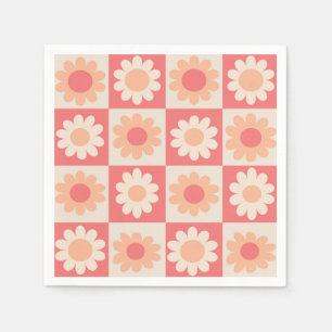 Serviette En Papier Motif Fleurs Rétro Pêche Damier