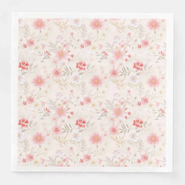 Serviette En Papier Motif Fleurs Rose Pâle Rouge Blanc (Devant)