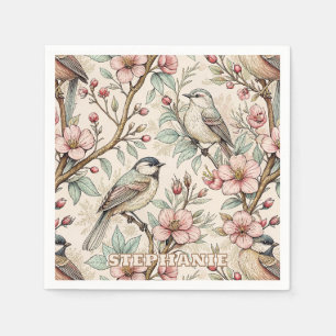 Serviette En Papier Motif floral à l'encre noire et oiseau chanteur bo