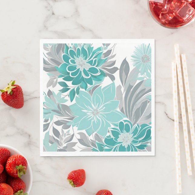 Serviette En Papier Motif Floral, Aqua, Turquoise, Turquoise et Gris (En situation)