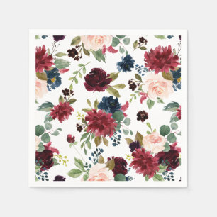 Serviette En Papier Motif floral aquarelle bordeaux et bleu marine