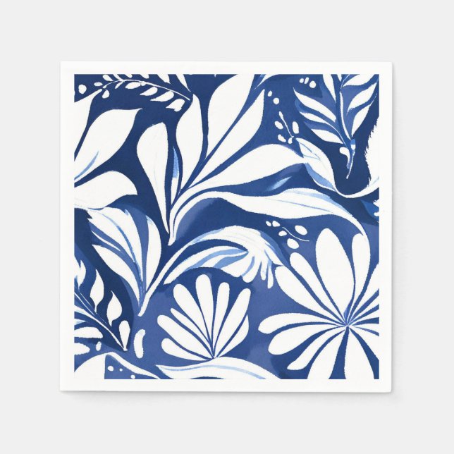 Serviette En Papier Motif floral aquarelle botanique bleu blanc (Devant)