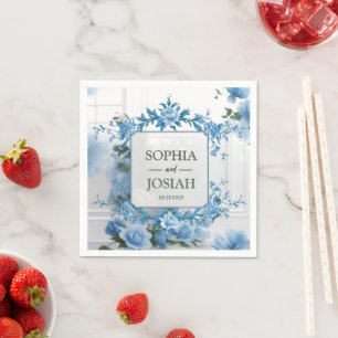Serviette En Papier Motif floral baroque bleu royal et blanc de luxe