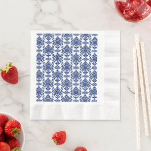 Serviette En Papier Motif floral baroque bleu royal et blanc de luxe