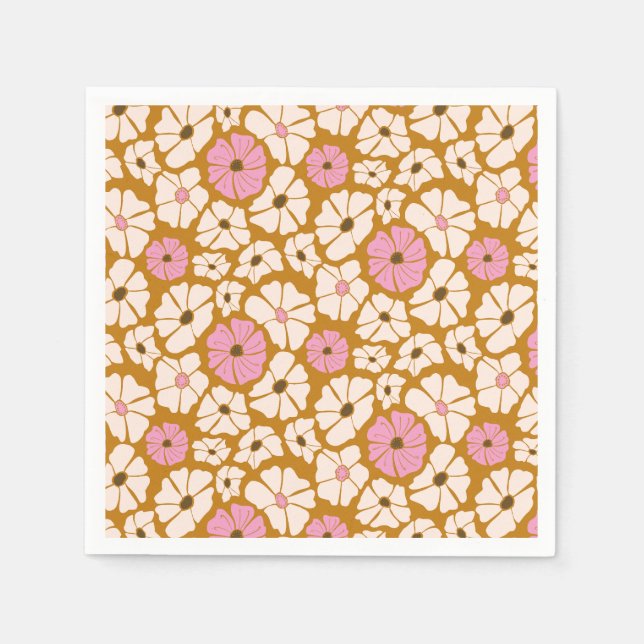 Serviette En Papier Motif floral blanc et rose sur caramel brun (Devant)