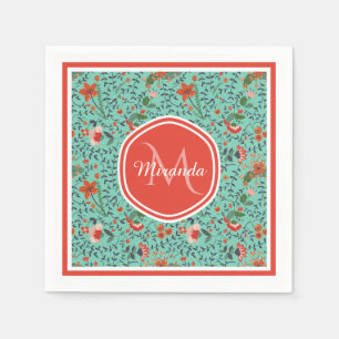 Serviette En Papier Motif floral en turquoise et orange et monogramme