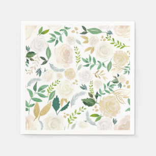 Serviette En Papier Motif floral ivoire mat avec verdure blanc