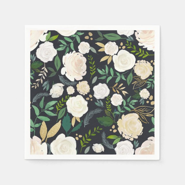 Serviette En Papier Motif floral ivoire mat avec verdure noir (Devant)