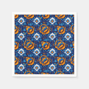 Serviette En Papier Motif Floral Orné en Carreaux Bleu et Orange