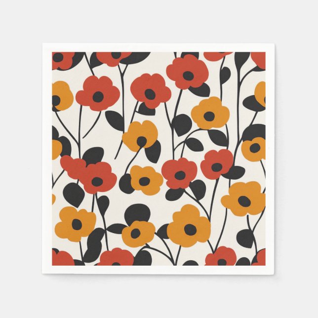 Serviette En Papier Motif floral rétro en gras rouge, orange et noir (Devant)