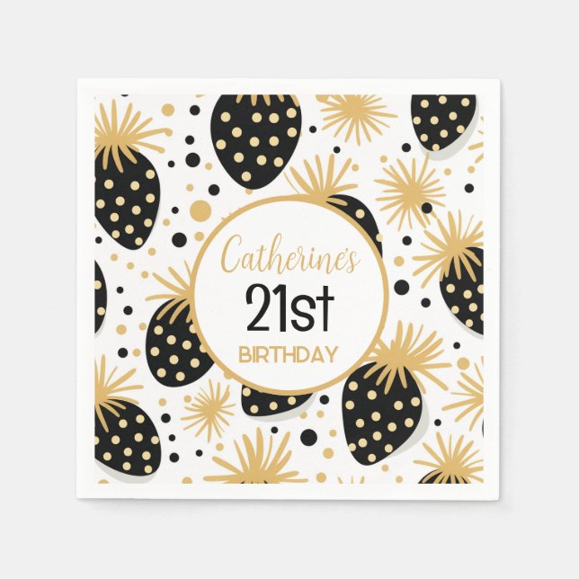Serviette En Papier Motif fraise noir et or (Devant)
