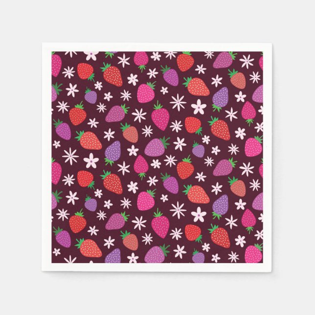 Serviette En Papier Motif fraises et fleurs blanches  (Devant)