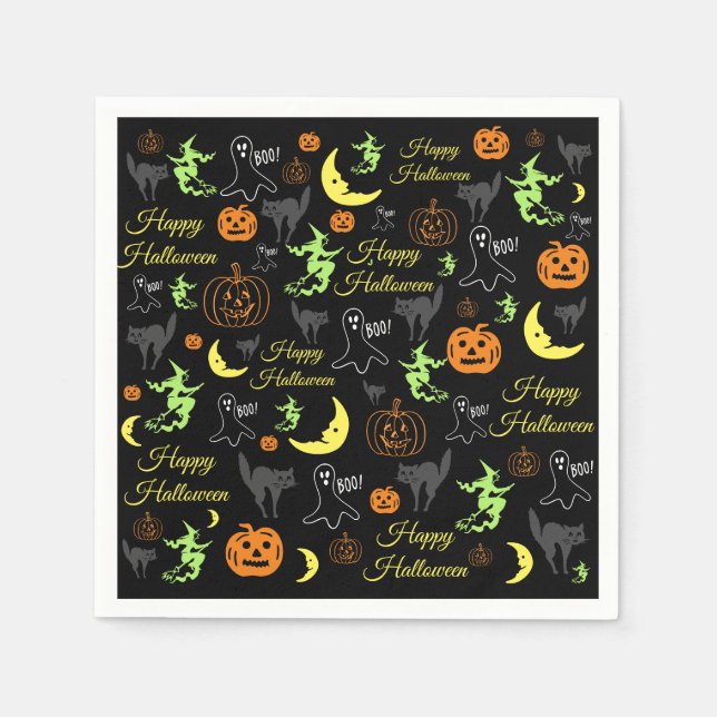 Serviette En Papier Motif Joyeux Halloween Noir (Devant)