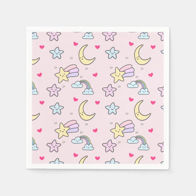 Serviette En Papier Motif Lune, Étoiles et Nuages sur Fond Rose (Devant)