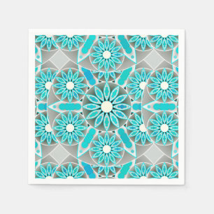 Serviette En Papier Motif mandala, turquoise, gris argenté et blanc