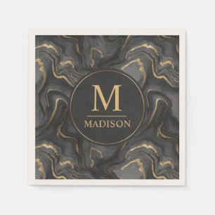 Serviette En Papier Motif Marbre Paillettes Or et Gris Noir Personnali