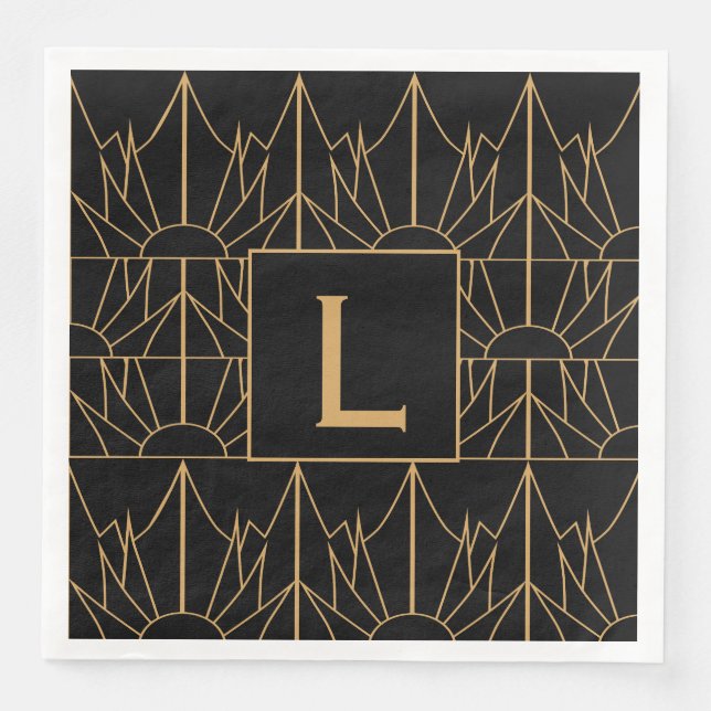 Serviette En Papier Motif Monogram Gold et Black Art Déco (Devant)