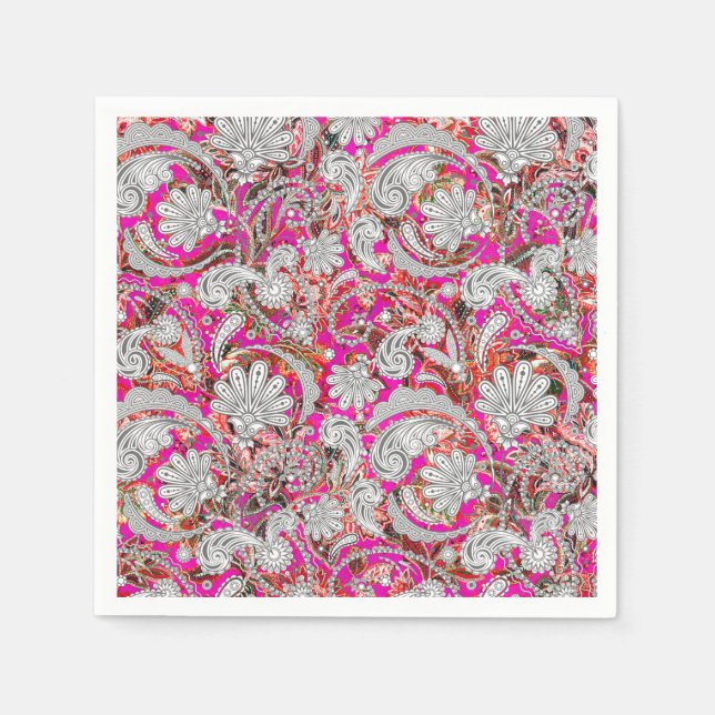 Serviette En Papier Motif paisley blanc rose (Devant)