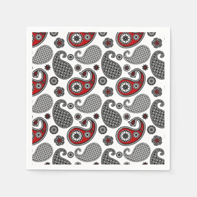 Serviette En Papier Motif Paisley, noir, blanc et rouge (Devant)