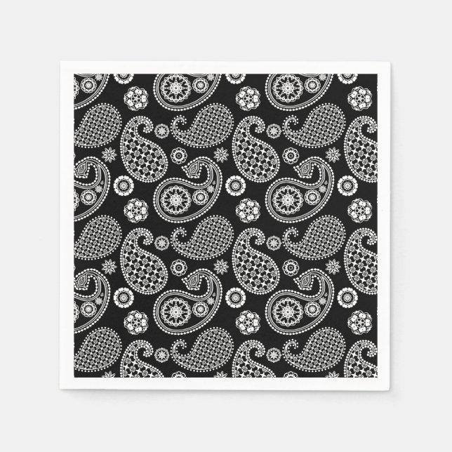 Serviette En Papier Motif Paisley, noir et blanc (Devant)