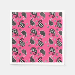 Serviette En Papier Motif Paisley, rose fushia, noir et blanc