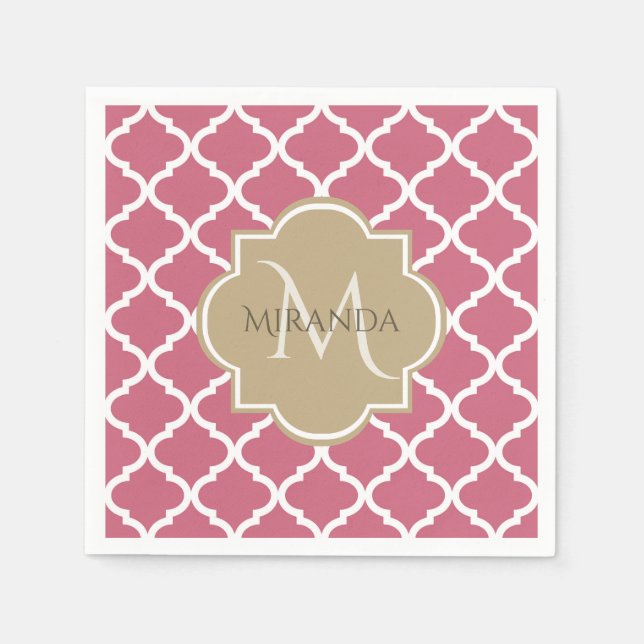 Serviette En Papier Motif Quatrefoil Rose rose Avec Gros Monogramme Ta (Devant)