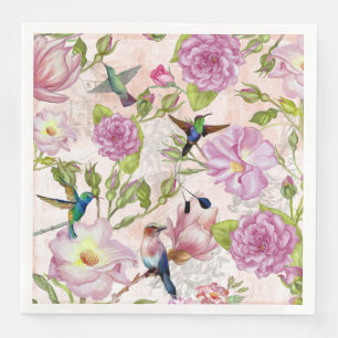 Serviette En Papier motif Rose vintage Fleurs et colibris