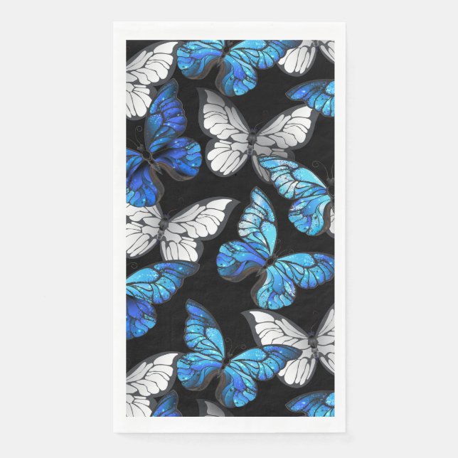 Serviette En Papier Motif sans couleur foncée avec papillons bleus Mor (Devant)