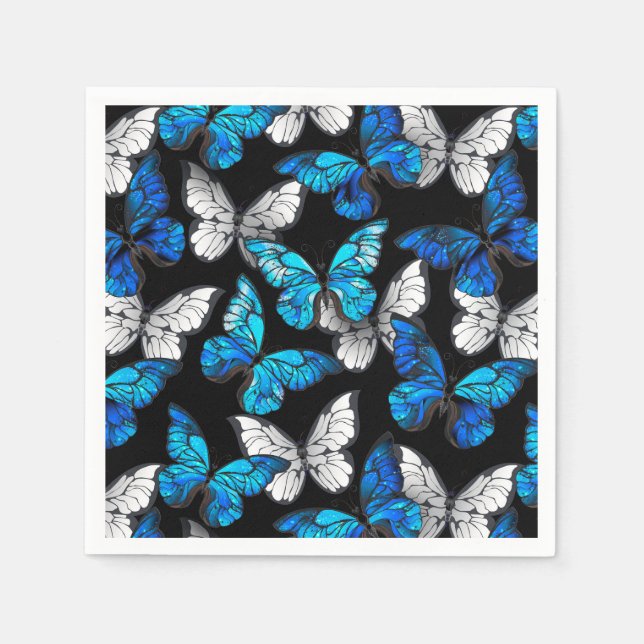 Serviette En Papier Motif sans couleur foncée avec papillons bleus Mor (Devant)