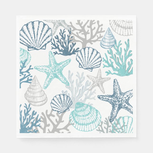 Serviette En Papier Motif Seashell Starfish Bleu Et Turquoise (Devant)