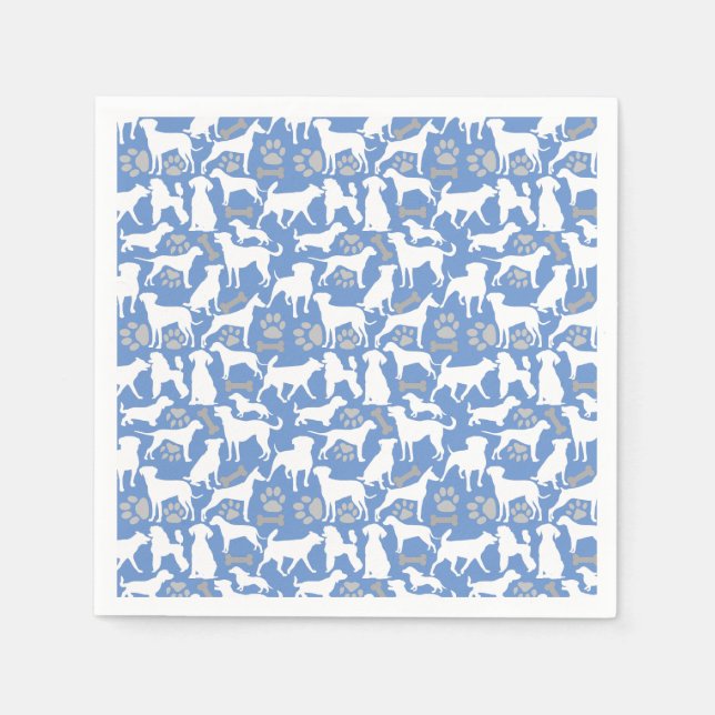 Serviette En Papier Motif silhouette de chien.Blanc.03 Fond bleu clair (Devant)