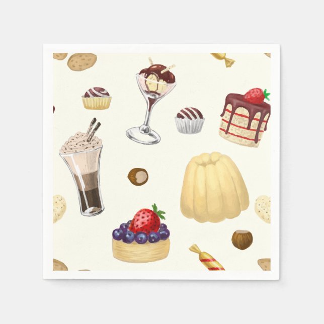 Serviette En Papier Motif sucré avec des desserts variés. (Devant)
