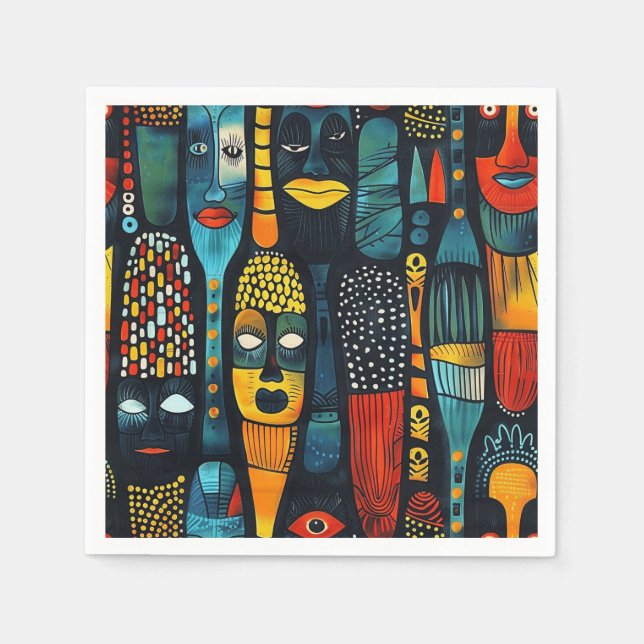 Serviette En Papier Motif tribal africain avec idoles. (Devant)