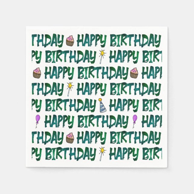 Serviette En Papier Motif typographique vert Joyeux Anniversaire  (Devant)