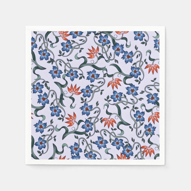 Serviette En Papier Motifs floraux bleus vibrants avec vignes vertes (Devant)