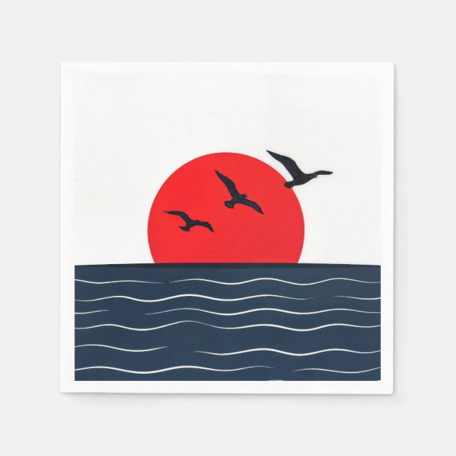 Serviette En Papier Mouettes sur Soleil Rouge avec Océan (Devant)